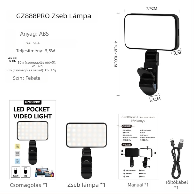 Clip-on LED töltőfény — dimmelhető, 2500–9900K színhőmérséklet, USB-tápellátás 10W alatt, mobiltelefonos szelfikhez és tablettel folytatott videokonferenciákhoz