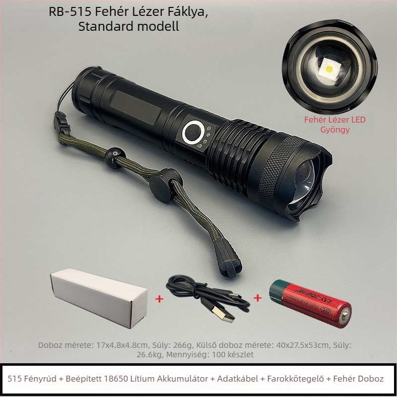 Külső taktikai LED zseblámpa, 20W, 2200mAh akkumulátor, újratölthető, hatótávolság 100–200 m