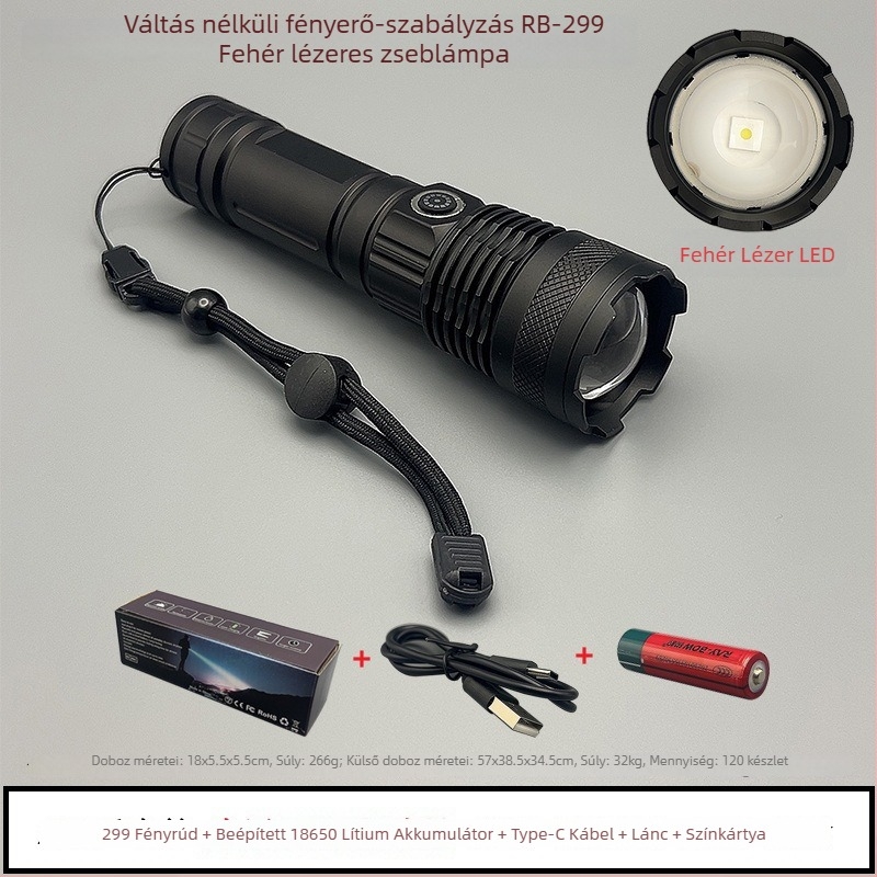 Külső taktikai LED zseblámpa, 20W, 2200mAh akkumulátor, újratölthető, hatótávolság 100–200 m