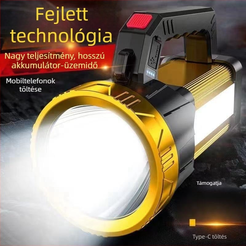 Kézi tekerős, újratölthető hordozható elemlámpa, 20 W, 2400 mAh, 360° forgás, hatótáv 100–200 m