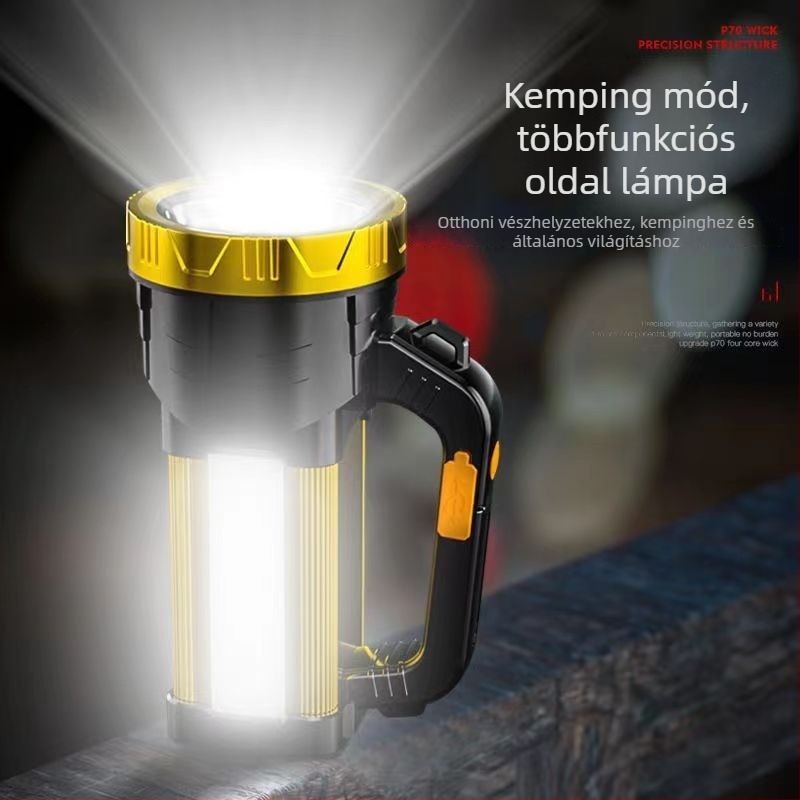 Kézi tekerős, újratölthető hordozható elemlámpa, 20 W, 2400 mAh, 360° forgás, hatótáv 100–200 m