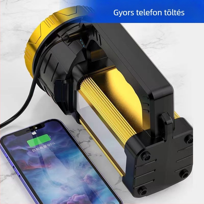 Kézi tekerős, újratölthető hordozható elemlámpa, 20 W, 2400 mAh, 360° forgás, hatótáv 100–200 m