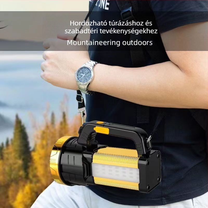 Kézi tekerős, újratölthető hordozható elemlámpa, 20 W, 2400 mAh, 360° forgás, hatótáv 100–200 m