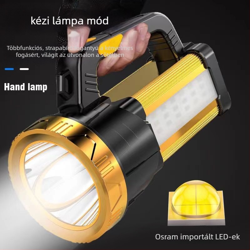 Kézi tekerős, újratölthető hordozható elemlámpa, 20 W, 2400 mAh, 360° forgás, hatótáv 100–200 m