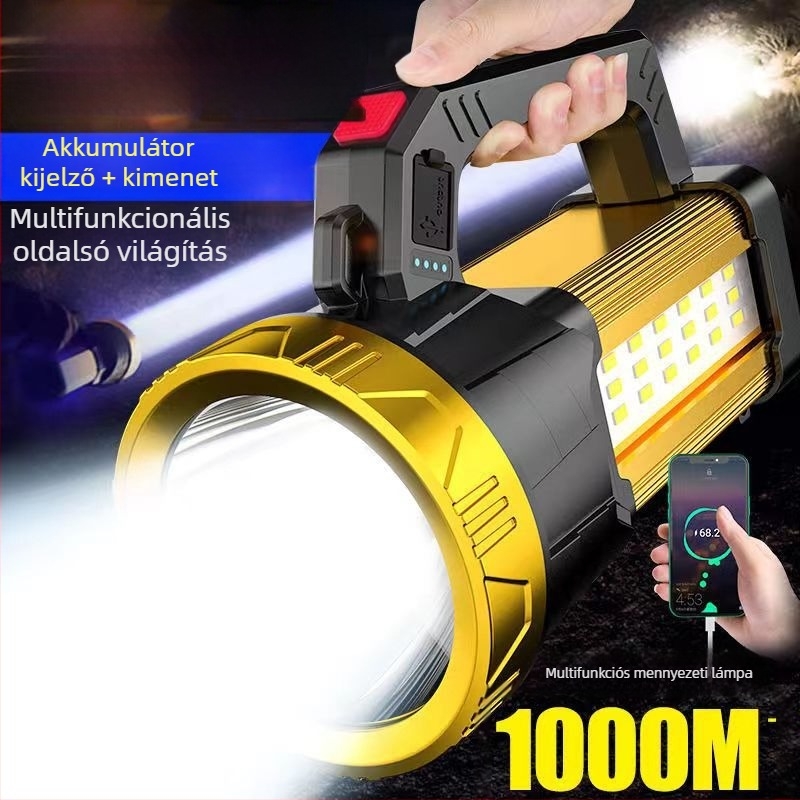 Kézi tekerős, újratölthető hordozható elemlámpa, 20 W, 2400 mAh, 360° forgás, hatótáv 100–200 m