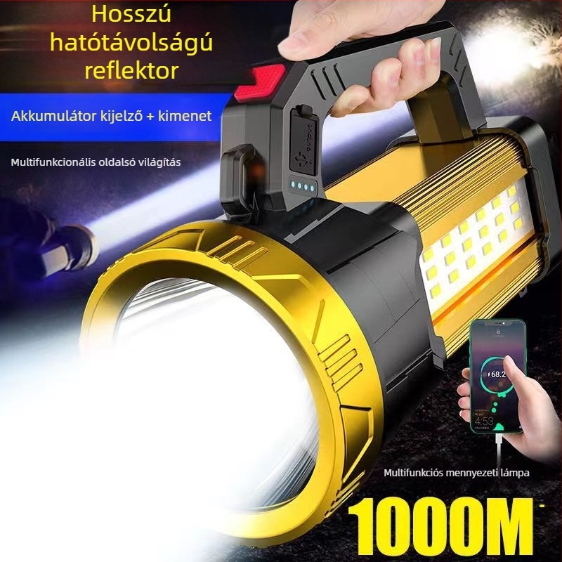 Kézi tekerős, újratölthető hordozható elemlámpa, 20 W, 2400 mAh, 360° forgás, hatótáv 100–200 m