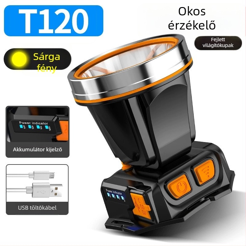 Kültéri fejre szerelhető LED elemlámpa – 10W, 2200mAh, kézzel hajtható energia, 200–500 m fényhatótáv