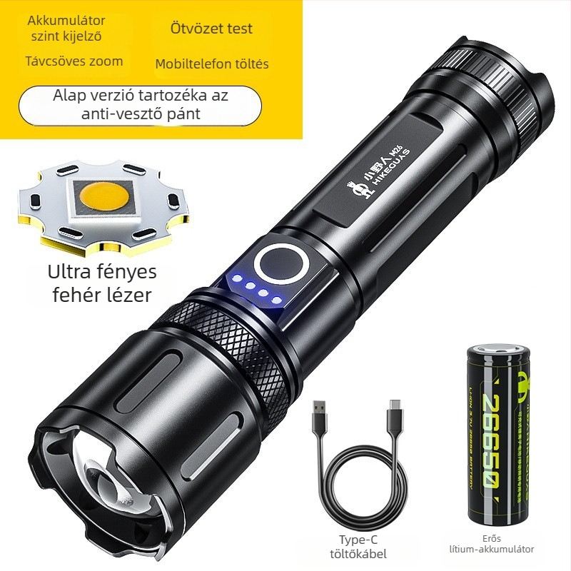 Állítható zoomos kempinglámpa, vészvilágítás, kézi tekeréses töltés és power bank funkció, hatótáv 200-500 m