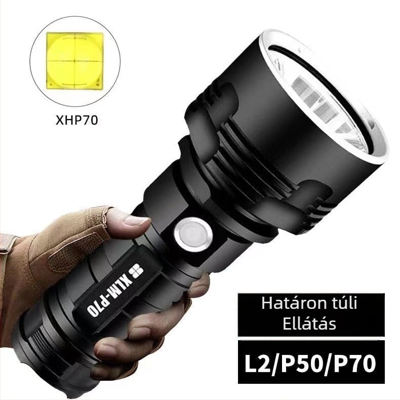 P70 LED elemlámpa, 50W, 6800mAh, 500 m hatótáv, alumínium ötvözet, USB töltés