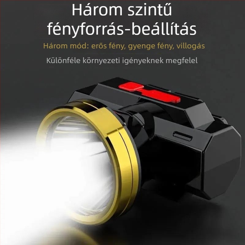LED éjszakai horgász fejfáklya — USB töltésű, akkumulátor kapacitás 800, teljesítmény 15, 360° forgás, Hatótáv 100–200 m
