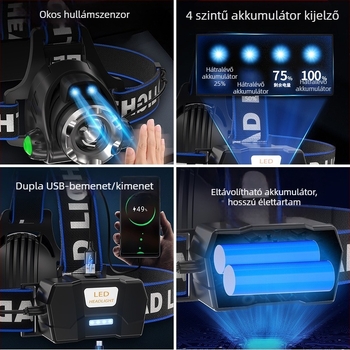 Éjszakai horgászathoz fejlámpa – 10W LED, tölthető, kézi tekercseléses energiaforrás, alumíniumötvözet, 200–500 m fényhatótáv