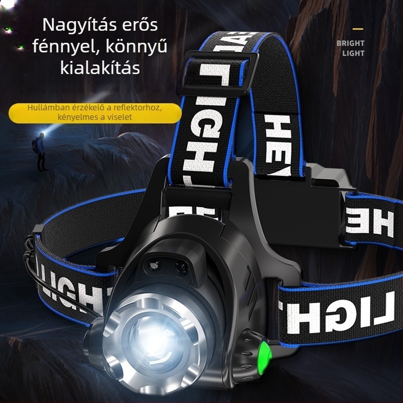 Éjszakai horgászathoz fejlámpa – 10W LED, tölthető, kézi tekercseléses energiaforrás, alumíniumötvözet, 200–500 m fényhatótáv