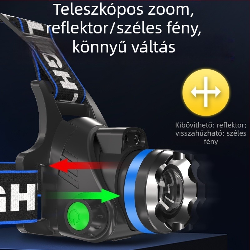 Éjszakai horgászathoz fejlámpa – 10W LED, tölthető, kézi tekercseléses energiaforrás, alumíniumötvözet, 200–500 m fényhatótáv