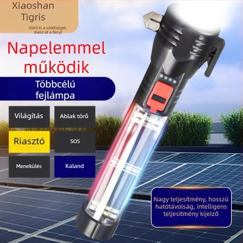 Vészhelyzeti autófény COB LED-del, napelemes töltéssel, power bankkal és üvegbetörő kalapáccsal