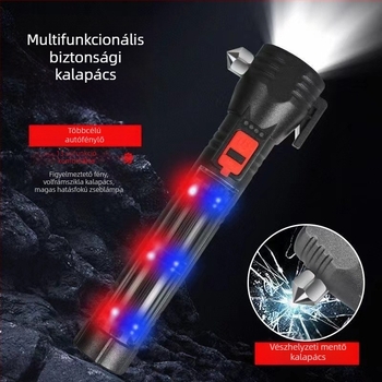 Vészhelyzeti autófény COB LED-del, napelemes töltéssel, power bankkal és üvegbetörő kalapáccsal