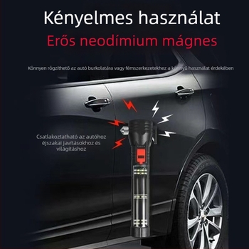 Vészhelyzeti autófény COB LED-del, napelemes töltéssel, power bankkal és üvegbetörő kalapáccsal