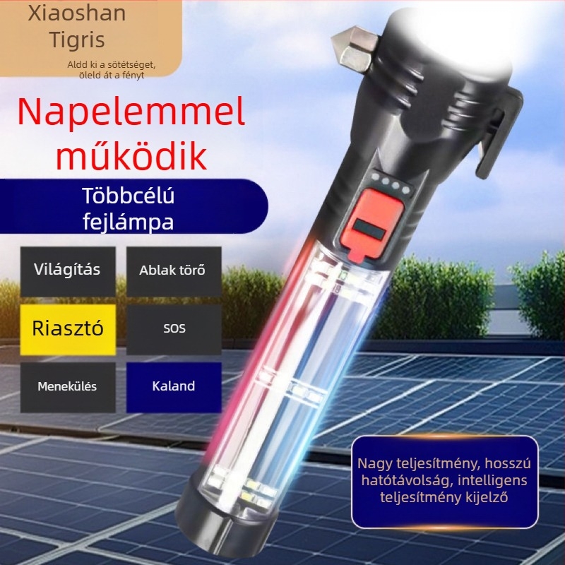 Vészhelyzeti autófény COB LED-del, napelemes töltéssel, power bankkal és üvegbetörő kalapáccsal