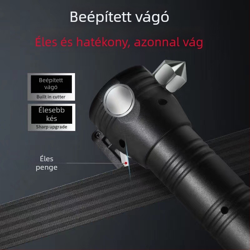 Vészhelyzeti autófény COB LED-del, napelemes töltéssel, power bankkal és üvegbetörő kalapáccsal