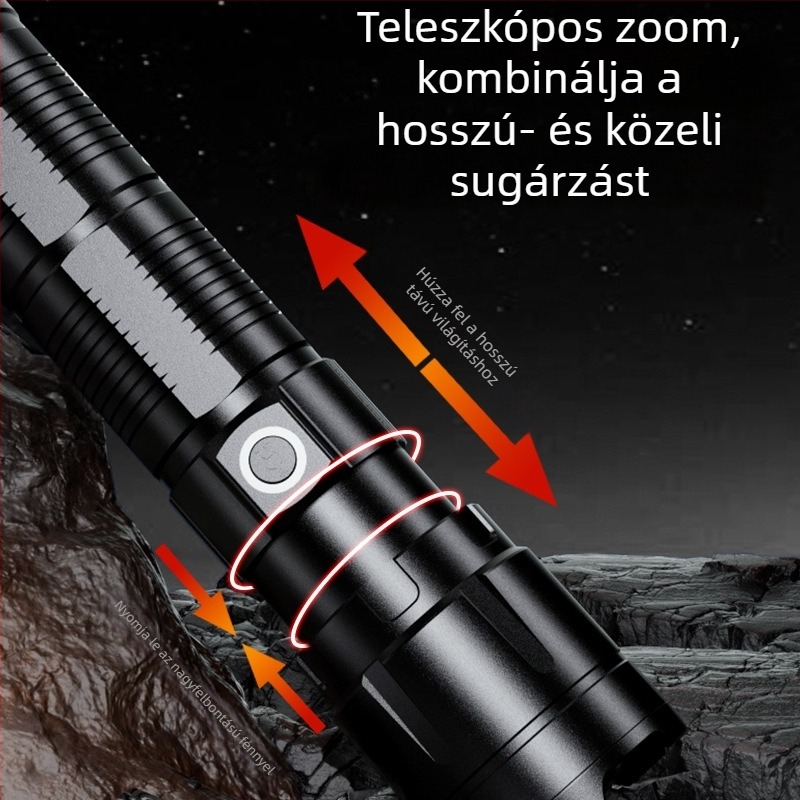 LED kemping zseblámpa, 360° forgás, újratölthető, 500 m hatótáv, 15W, 7200
