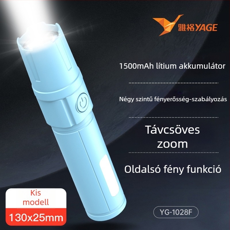 Kézi elemlámpa teleszkópos kialakítással, 3W LED, 140 lm, üzemidő 3 óra, újratölthető 14500-es akkumulátor