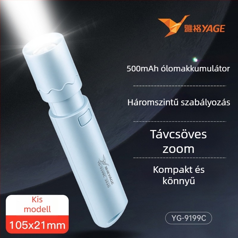 Kézi elemlámpa teleszkópos kialakítással, 3W LED, 140 lm, üzemidő 3 óra, újratölthető 14500-es akkumulátor