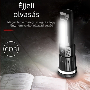 USB oldalsó világítással ellátott LED zseblámpa, zoom, 360° forgás — 20W, 1200 mAh akkumulátor, hatótáv 200–500 m, kempingezéshez és kerékpározáshoz