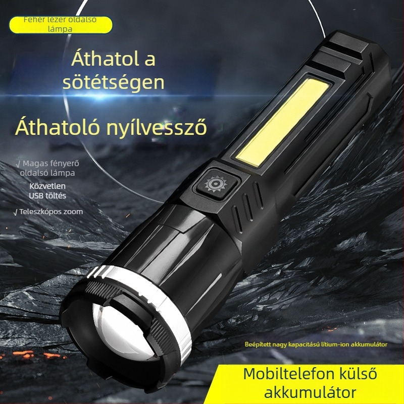 USB oldalsó világítással ellátott LED zseblámpa, zoom, 360° forgás — 20W, 1200 mAh akkumulátor, hatótáv 200–500 m, kempingezéshez és kerékpározáshoz