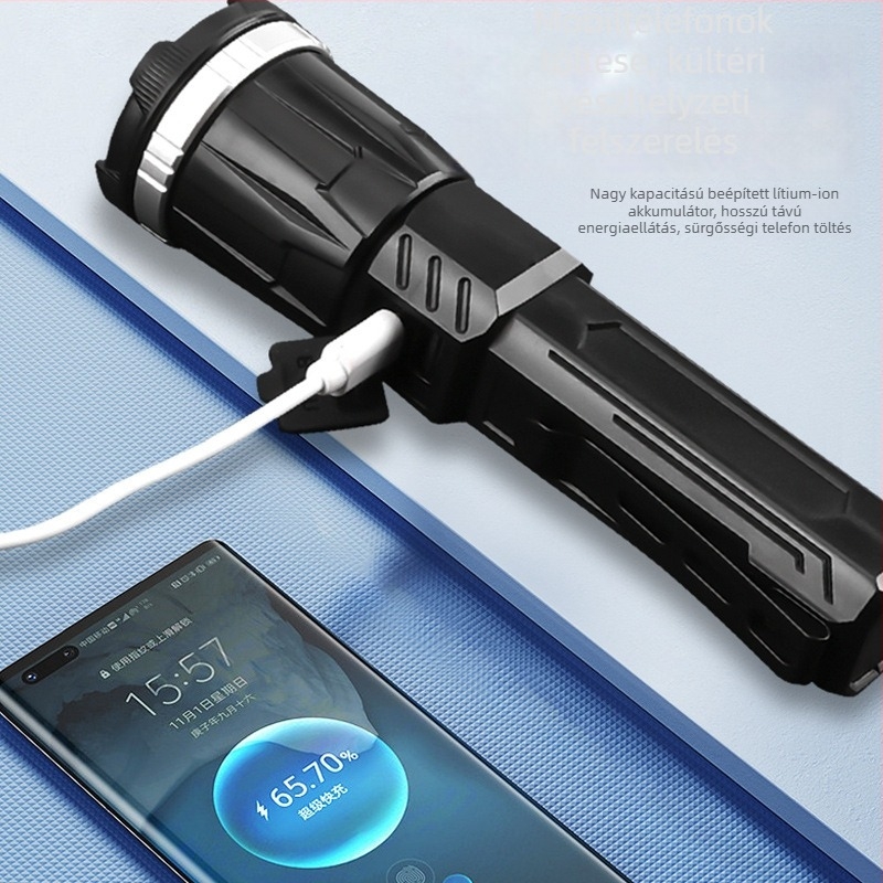 USB oldalsó világítással ellátott LED zseblámpa, zoom, 360° forgás — 20W, 1200 mAh akkumulátor, hatótáv 200–500 m, kempingezéshez és kerékpározáshoz