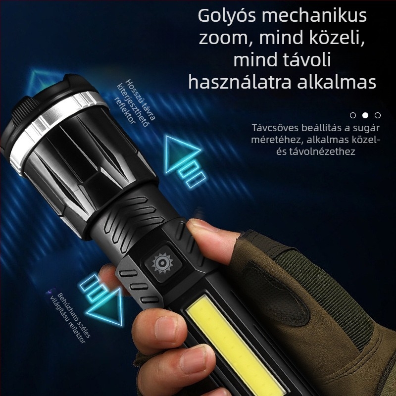 USB oldalsó világítással ellátott LED zseblámpa, zoom, 360° forgás — 20W, 1200 mAh akkumulátor, hatótáv 200–500 m, kempingezéshez és kerékpározáshoz