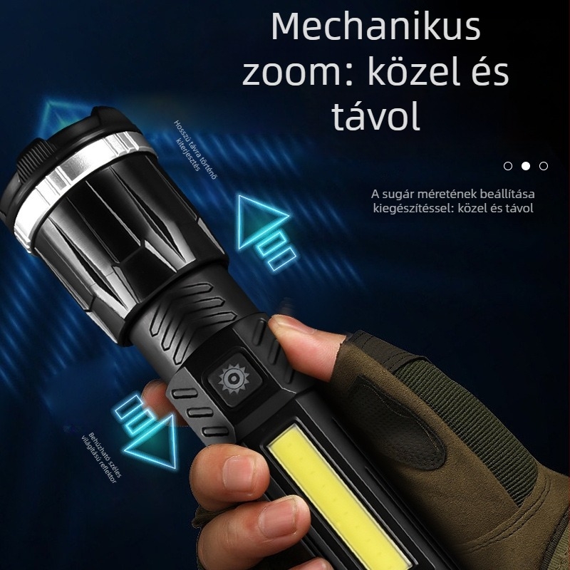 USB oldalsó világítással ellátott LED zseblámpa, zoom, 360° forgás — 20W, 1200 mAh akkumulátor, hatótáv 200–500 m, kempingezéshez és kerékpározáshoz