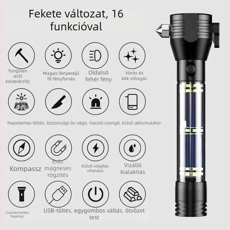 Autós vészhelyzeti ütő és zseblámpa: alumíniumötvözet test, 3200 mAh újratölthető akkumulátor, 360°-os forgás, kézi működtetés, beépített töltő