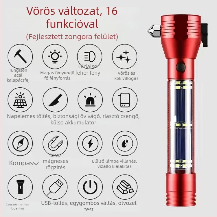 Autós vészhelyzeti ütő és zseblámpa: alumíniumötvözet test, 3200 mAh újratölthető akkumulátor, 360°-os forgás, kézi működtetés, beépített töltő