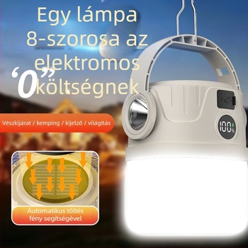 LED napelemes kemping lámpa USB töltéssel, 5W, 1200mAh akkumulátor, LED és izzó fényforrás, ideális kempingezéshez és vészhelyzetekre