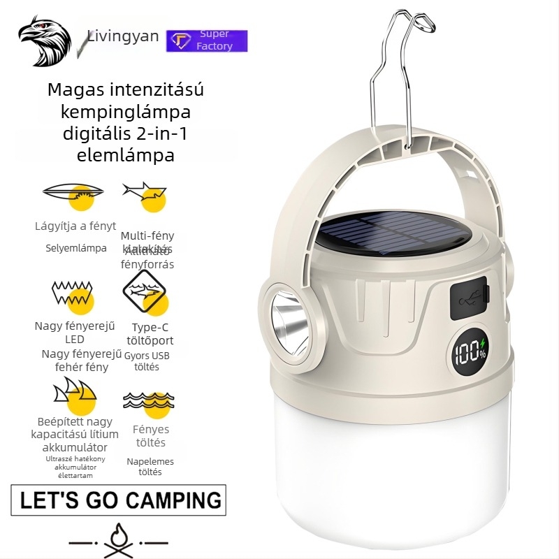LED napelemes kemping lámpa USB töltéssel, 5W, 1200mAh akkumulátor, LED és izzó fényforrás, ideális kempingezéshez és vészhelyzetekre