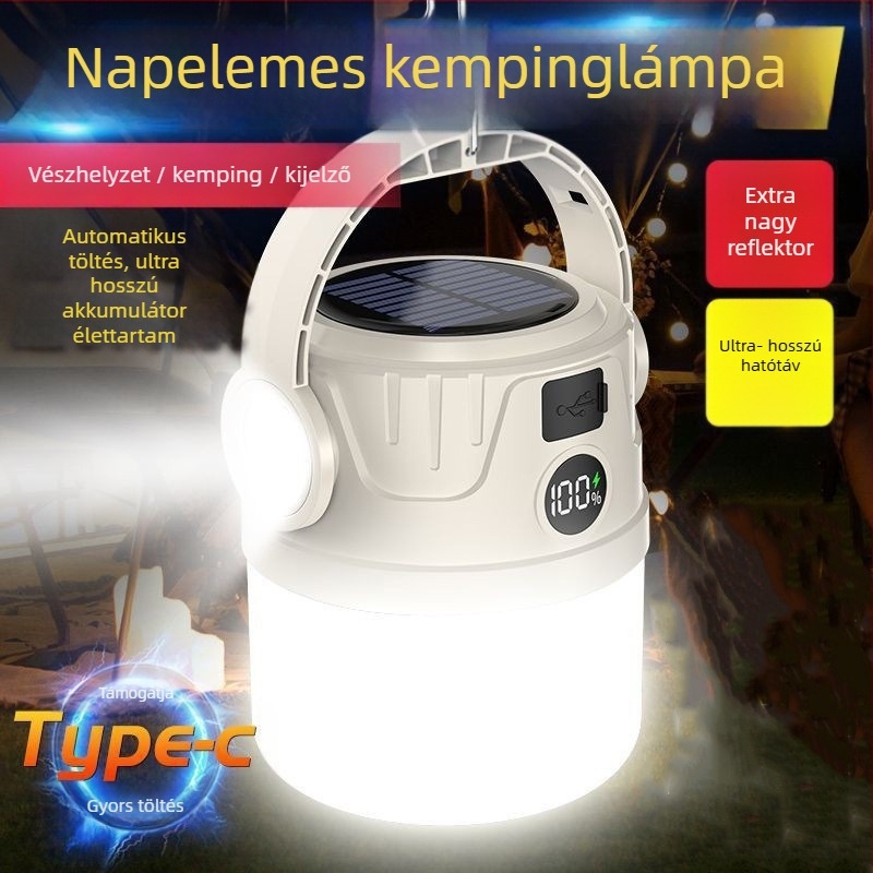 LED napelemes kemping lámpa USB töltéssel, 5W, 1200mAh akkumulátor, LED és izzó fényforrás, ideális kempingezéshez és vészhelyzetekre