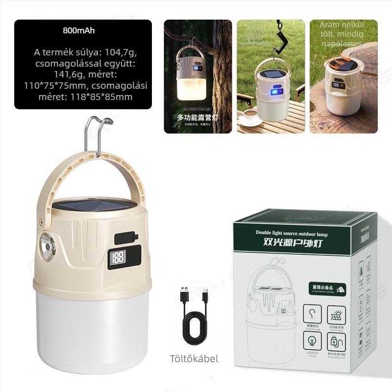 LED napelemes kemping lámpa USB töltéssel, 5W, 1200mAh akkumulátor, LED és izzó fényforrás, ideális kempingezéshez és vészhelyzetekre