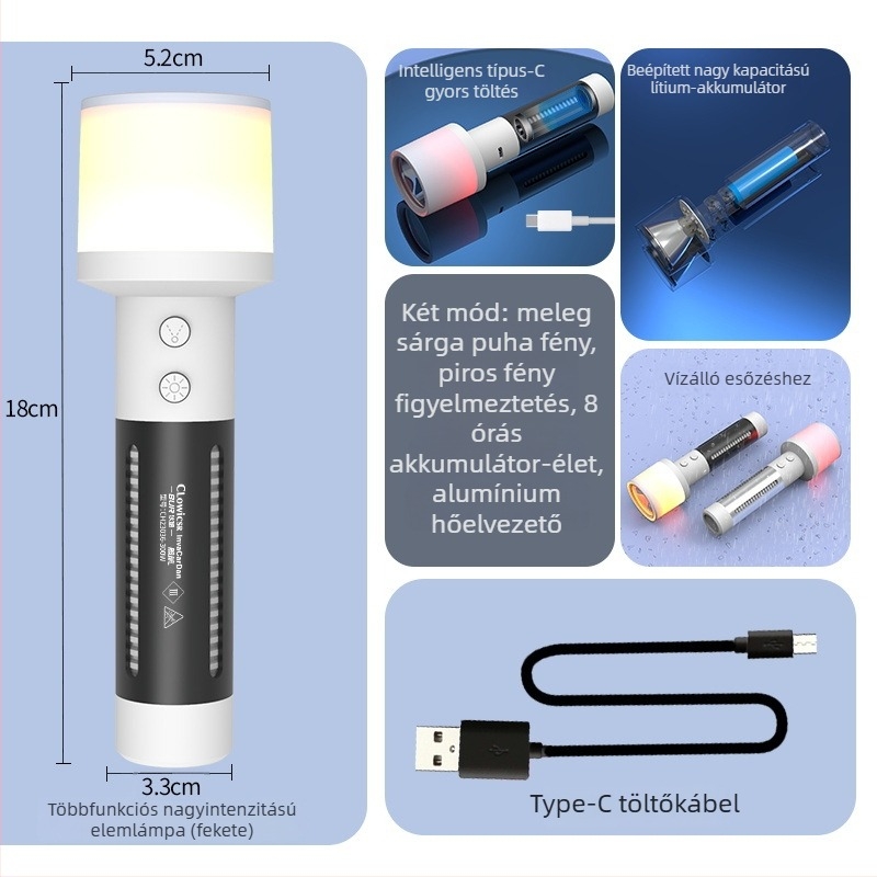 LED zseblámpa: erős LED, újratölthető, hordozható kempingezéshez, 18650 3200mAh, Type-C közvetlen töltés, 30W, hatótáv >500 m