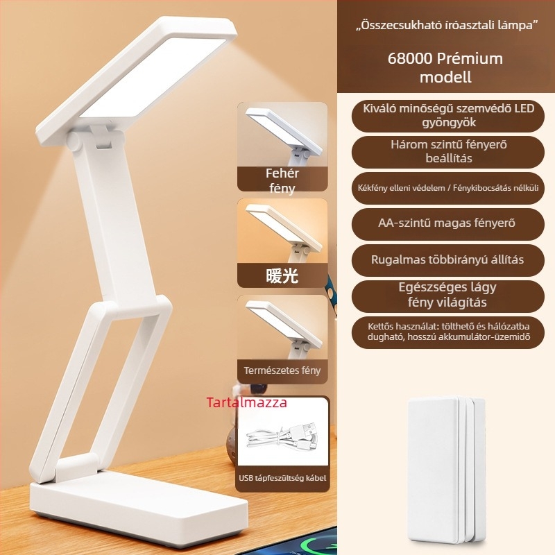 Kinyitható íróasztali lámpa digitális kijelzővel, beépített akkumulátorral és Power Bank funkcióval, érintéses vezérlés, ABS árnyalat, CRI ≥ 90