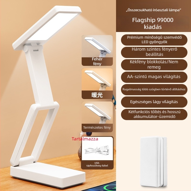 Kinyitható íróasztali lámpa digitális kijelzővel, beépített akkumulátorral és Power Bank funkcióval, érintéses vezérlés, ABS árnyalat, CRI ≥ 90