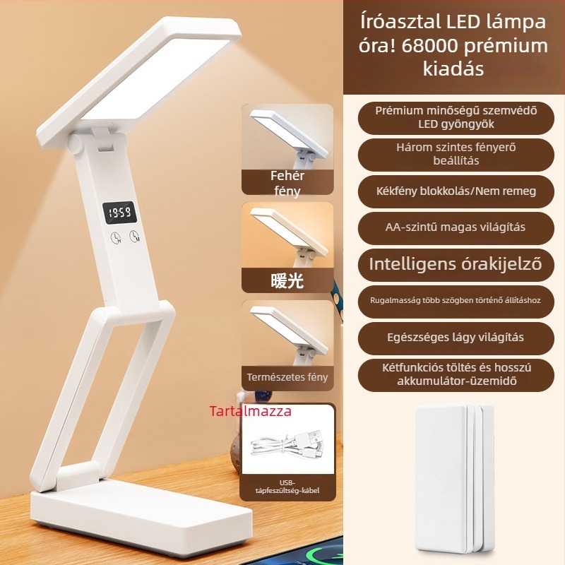 Kinyitható íróasztali lámpa digitális kijelzővel, beépített akkumulátorral és Power Bank funkcióval, érintéses vezérlés, ABS árnyalat, CRI ≥ 90