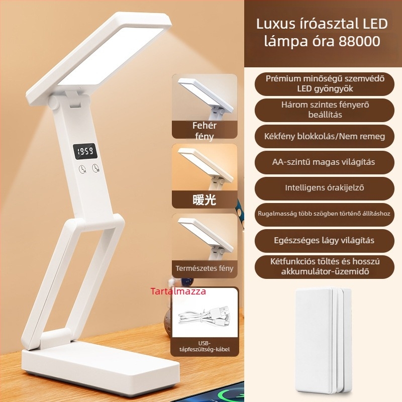 Kinyitható íróasztali lámpa digitális kijelzővel, beépített akkumulátorral és Power Bank funkcióval, érintéses vezérlés, ABS árnyalat, CRI ≥ 90