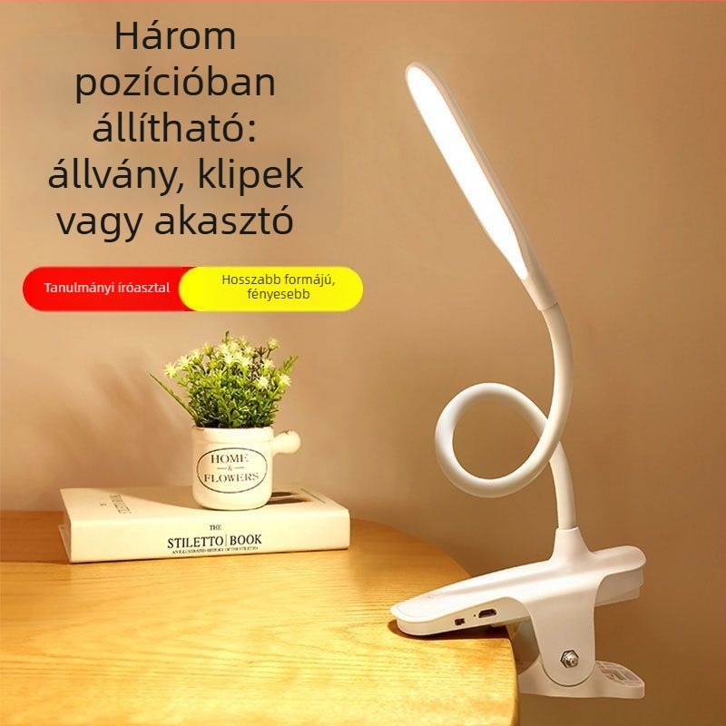 LED klipszes asztali lámpa USB töltéssel, érintéses háromfokozat dimmerrel, beépített 18650 akkumulátorral gyermek tanulóasztalhoz