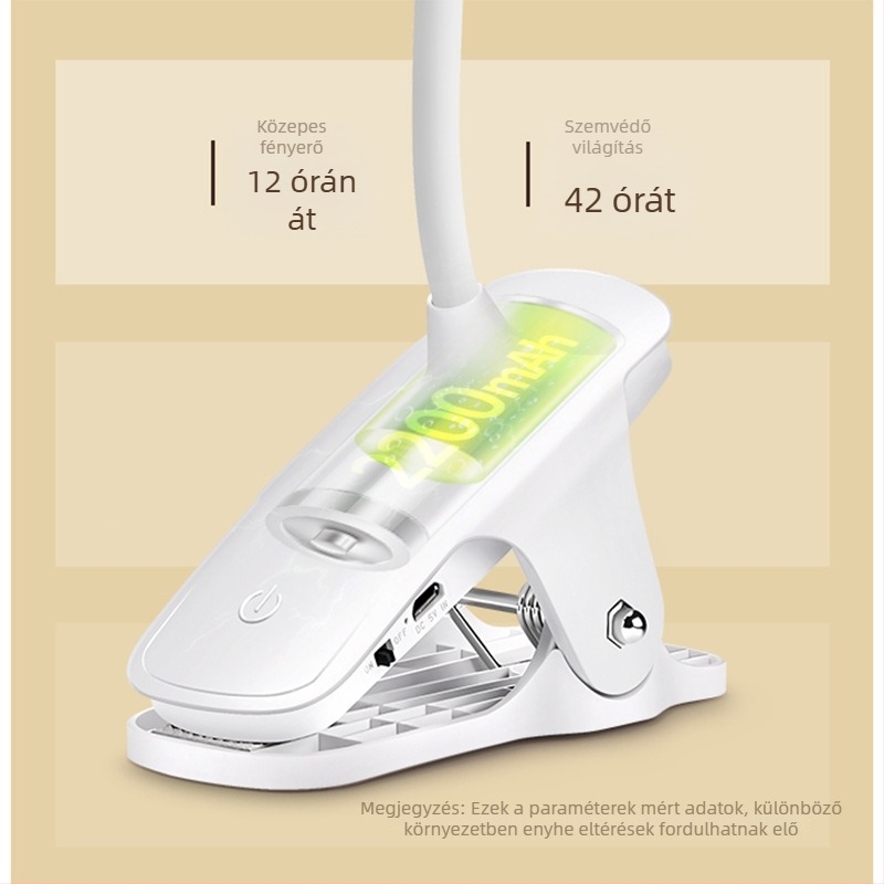 LED klipszes asztali lámpa USB töltéssel, érintéses háromfokozat dimmerrel, beépített 18650 akkumulátorral gyermek tanulóasztalhoz