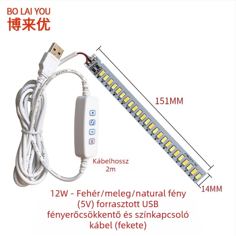 LED USB asztali lámpa állítható fényerővel, 5V USB tápegység, gombkapcsoló, alumínium árnyékoló, fém tartó