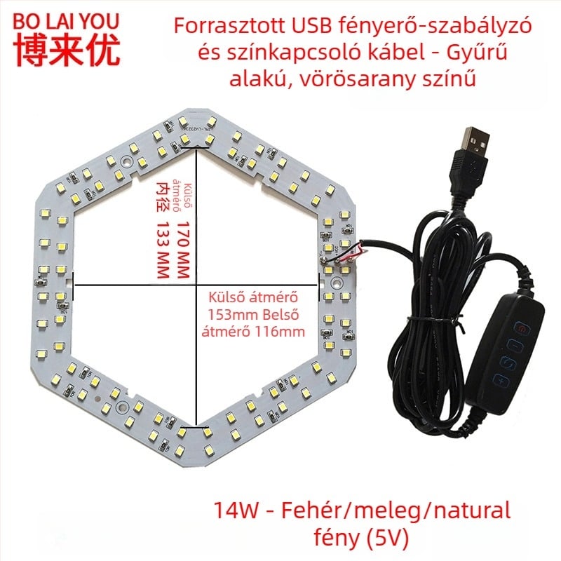 LED USB asztali lámpa állítható fényerővel, 5V USB tápegység, gombkapcsoló, alumínium árnyékoló, fém tartó