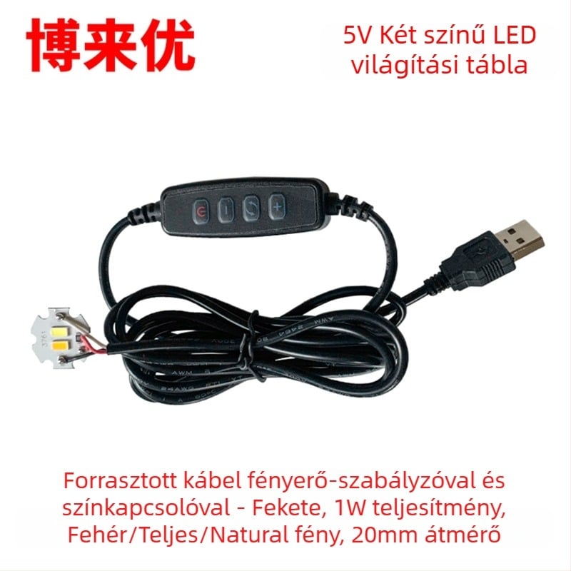 LED USB asztali lámpa állítható fényerővel, 5V USB tápegység, gombkapcsoló, alumínium árnyékoló, fém tartó