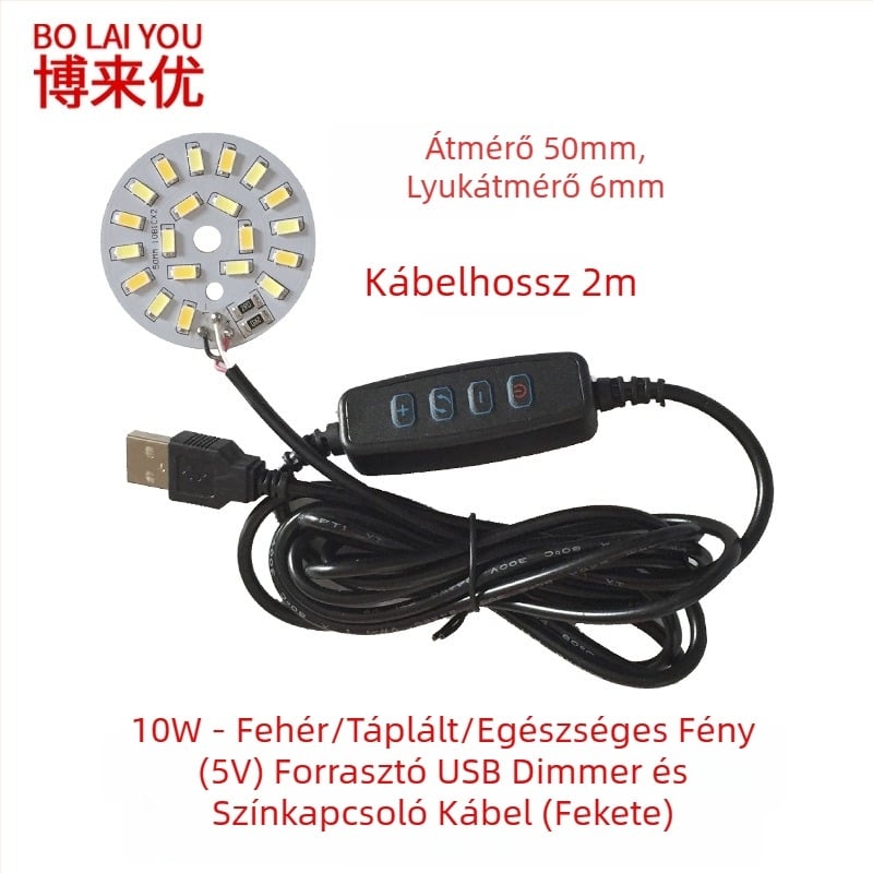 LED USB asztali lámpa állítható fényerővel, 5V USB tápegység, gombkapcsoló, alumínium árnyékoló, fém tartó