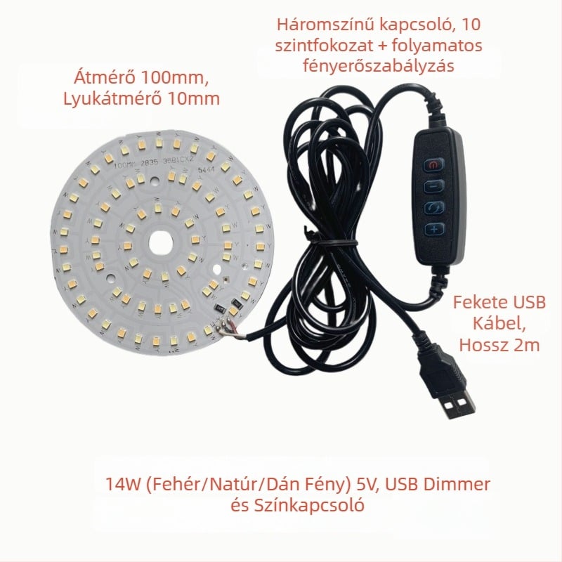 LED USB asztali lámpa állítható fényerővel, 5V USB tápegység, gombkapcsoló, alumínium árnyékoló, fém tartó