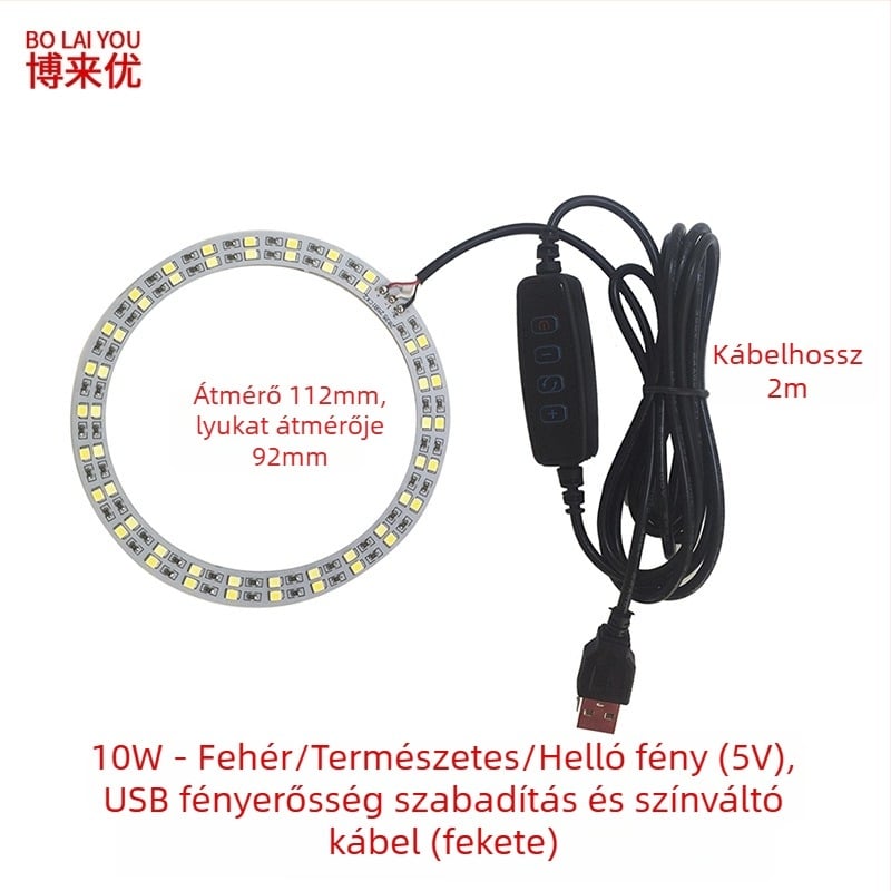 LED USB asztali lámpa állítható fényerővel, 5V USB tápegység, gombkapcsoló, alumínium árnyékoló, fém tartó