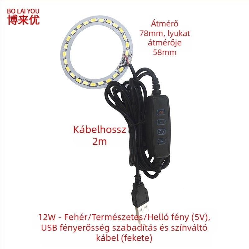 LED USB asztali lámpa állítható fényerővel, 5V USB tápegység, gombkapcsoló, alumínium árnyékoló, fém tartó